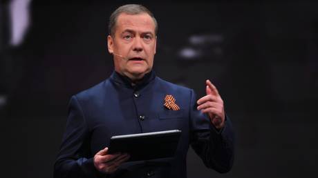 Deputy Chairman of the Russian Security Council Dmitry Medvedev speaking in Moscow, April 29, 2025.